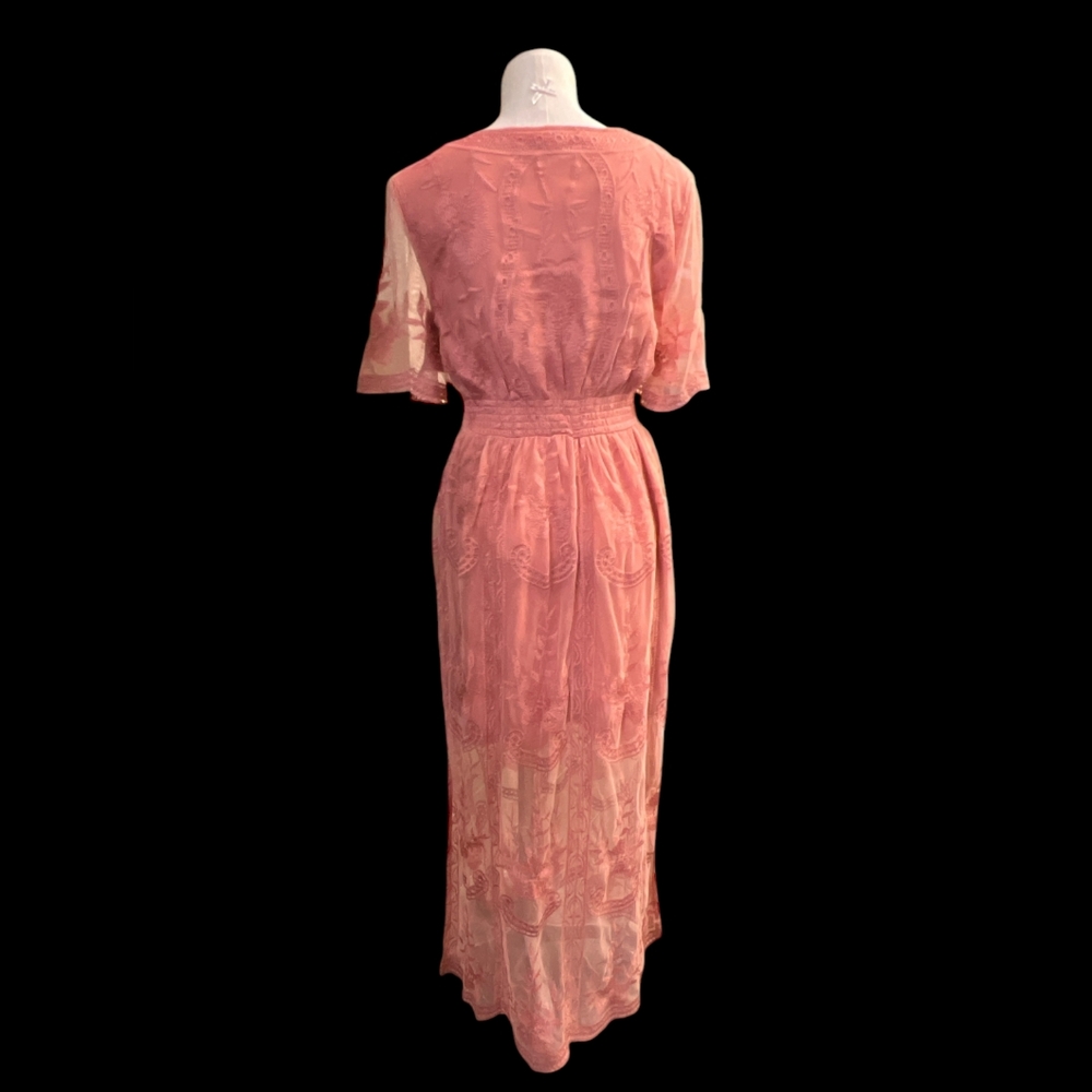 Elegant Coral Empire Waist Lace Dress - Picture 3 of 8